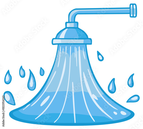 Cartoon shower head spraying water and droplets falling