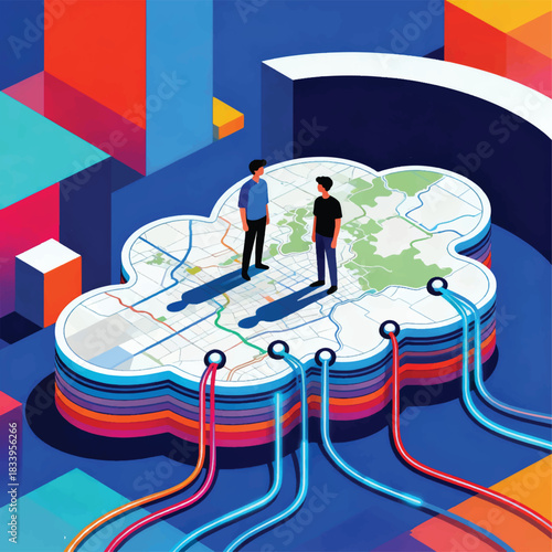 Illustration Of Two Characters Standing On A Cloud Map, Digital Cables Vector Design Template