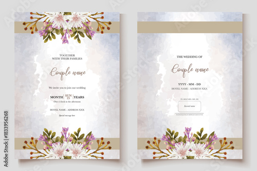 WEDDING INVITATION FRAME WITH FLOWER DECORATIONS AND FRESH LEAVES