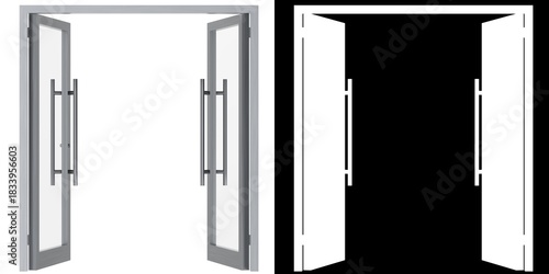 3D rendering illustration of a double glass door with pull handles