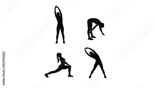 Silhouettes of people performing diverse stretching exercises for fitness, flexibility and wellbeing