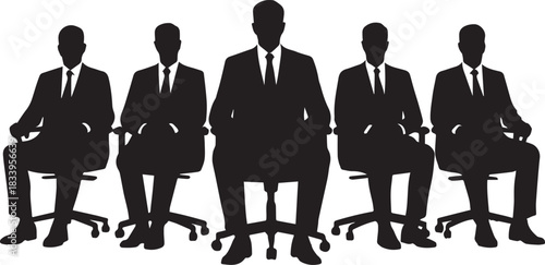 Business Silhouettes: Silhouette of business professionals in formal suits sitting in chairs, embodying leadership and corporate authority. A symbol of ambition and business structure.