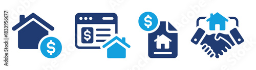 House for sale and home for rent icons. Buy property, online listing and lease agreement vector symbols.