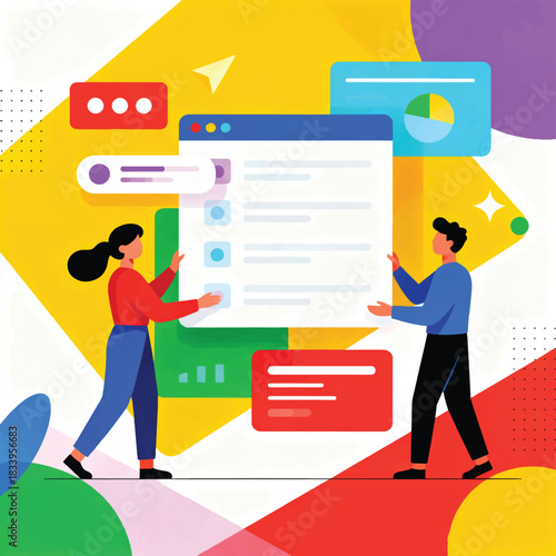 Illustration Of Two Characters Arranging Application Ui Elements, Floating Widgets, Card Layout Vector Design Template