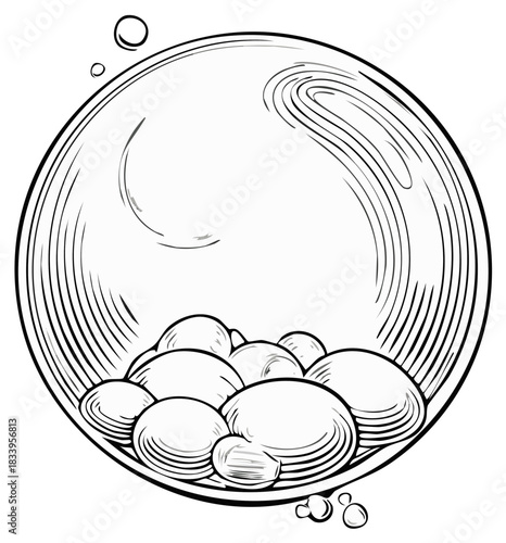 Circular design with textured pebbles and floating bubbles in artistic line art style