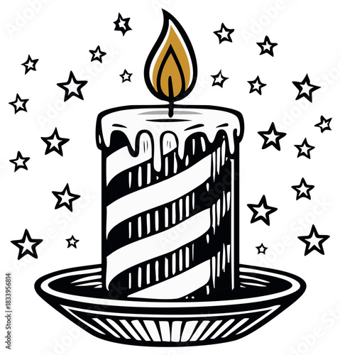 Decorative striped candle with melting wax and golden flame surrounded by whimsical stars illustration