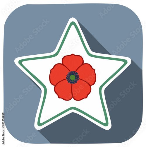 Flat Design Icon of a Red Poppy Flower in a Star Remembrance Symbol with a Long Shadow