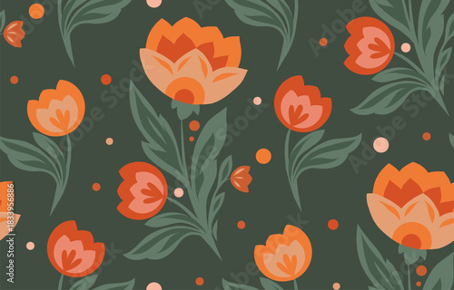 Vector floral pattern with stylized orange flowers and soft green leaves. Retro folk art style textile with warm colors.