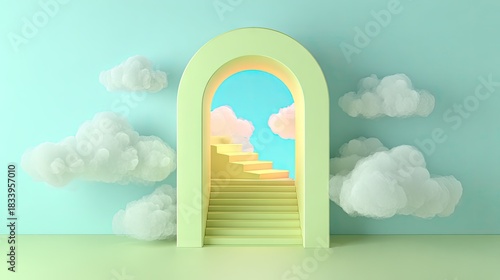 Dreamlike archway with stairs leading to sky amidst fluffy clouds