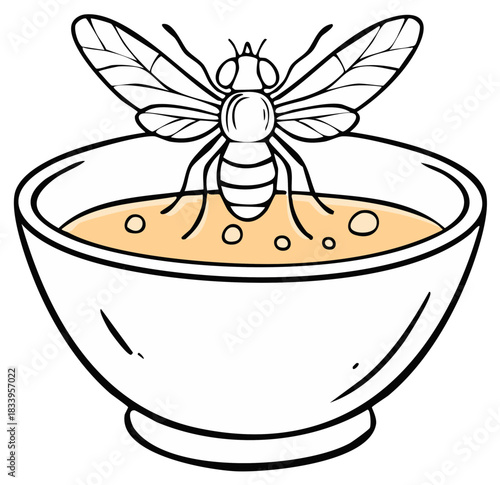 Cartoon fly trapped in a bowl of sticky sweet liquid annoying insect pest problem concept illustration