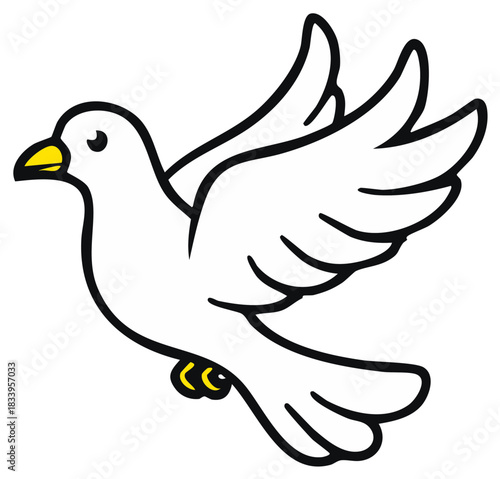 Cartoon white dove with yellow beak flying with wings spread, a symbol of peace and freedom