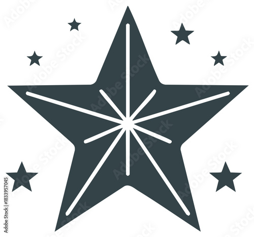 Large geometric star symbol with radiating lines and surrounding star shapes graphic