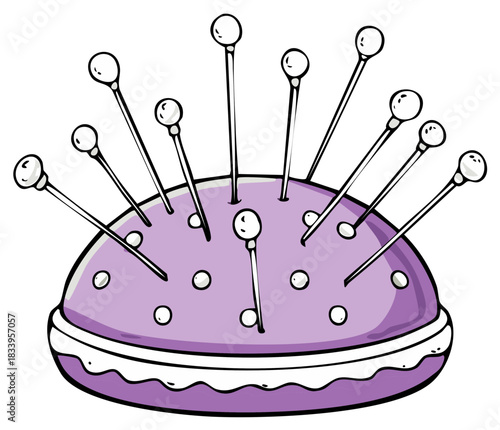 Vibrant purple pincushion illustration with numerous sewing pins for tailoring and craft projects