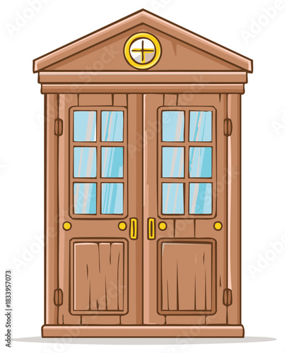 Vintage wooden front entrance with double doors and a circular attic window illustration