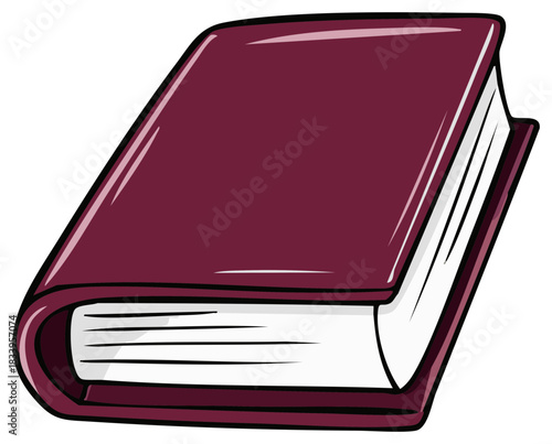Closed hardcover book illustration with burgundy color and white pages for study or education