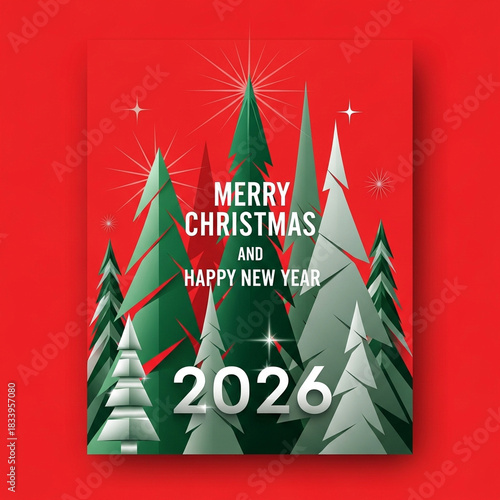 Modern Christmas and Happy New Year 2026 Card with Abstract Pine Trees