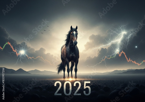 Financial Year 2025 Concept with Powerful Horse Symbolizing Resilience Amidst Market Volatility