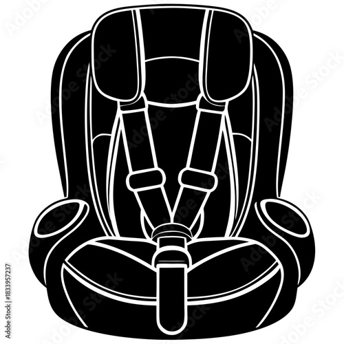 Child Baby Car Seat Silhouette – Front View Vector on White Background
