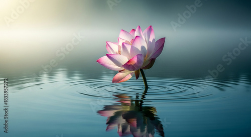 Beautiful pink lotus flower blooming on calm water surface with reflection and soft morning light.