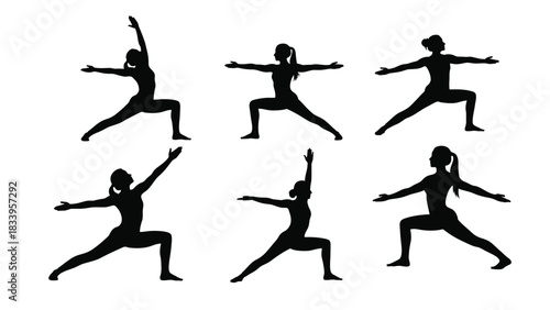 Set of female silhouettes performing various warrior yoga poses, depicting strength, balance and wellness