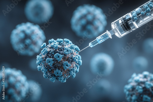 cancer vaccine, conceptual 3D illustration of a virus particle and a syringe injecting an injection, vaccine into a virus