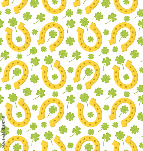 Seamless pattern with golden horseshoes and green clover leaves. St. Patrick’s Day background with elements for lucky 