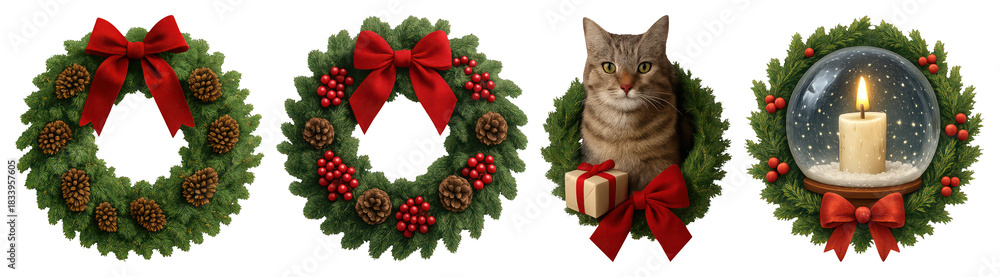 Obraz premium PNG Festive wreaths cat candle, transparent background