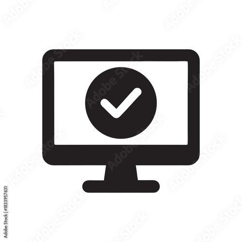 Computer screen with check mark icon black and white vector symbol for online approval business and finance confirmation