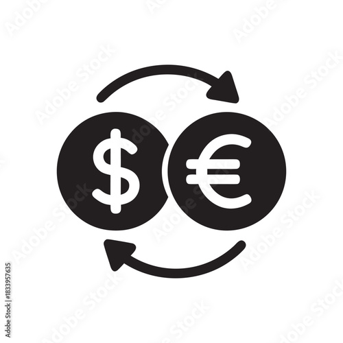 Dollar to Euro currency exchange icon black and white vector money transfer symbol for business and finance