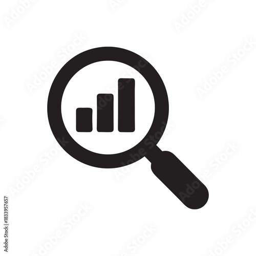 Magnifying glass with bar chart icon black and white vector business analytics and finance data analysis symbol