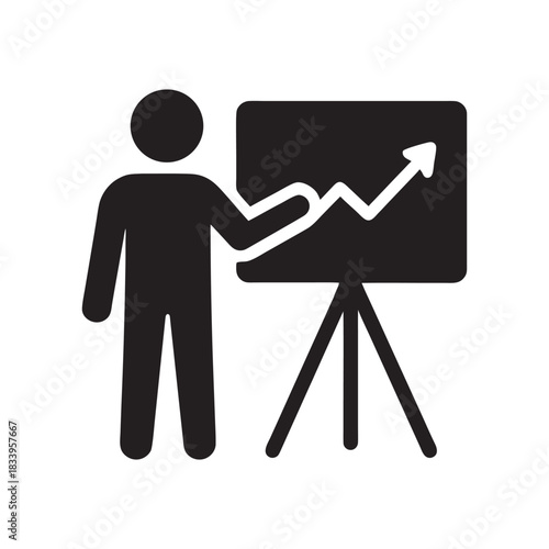 Business presentation icon black and white vector of person presenting growth chart with upward arrow on flipchart for finance and analytics