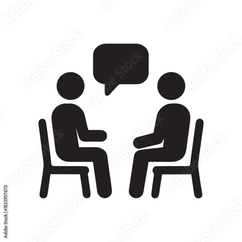Business meeting two people talking simple black and white vector icon for finance communication and corporate consulting