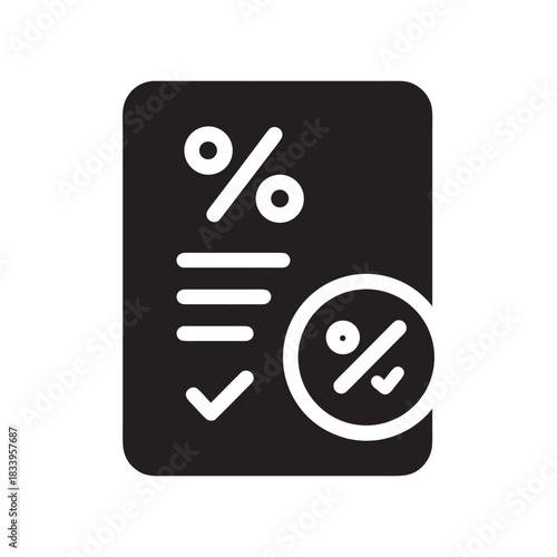 Black and white percentage document icon with checklist and approved interest rate symbol for business finance and accounting