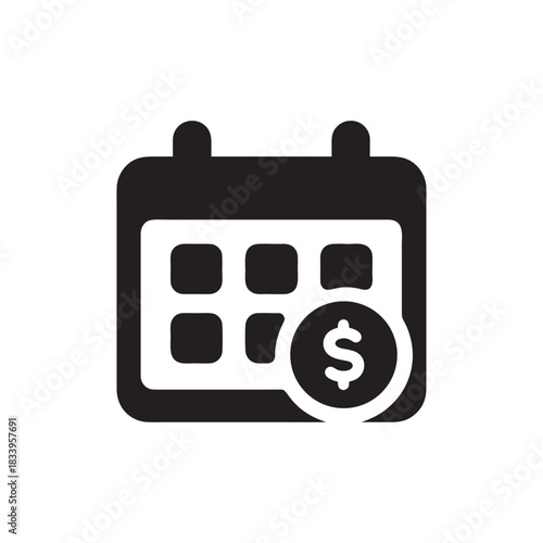 Black and white calendar with dollar sign icon for payment schedule payroll date and financial planning vector illustration