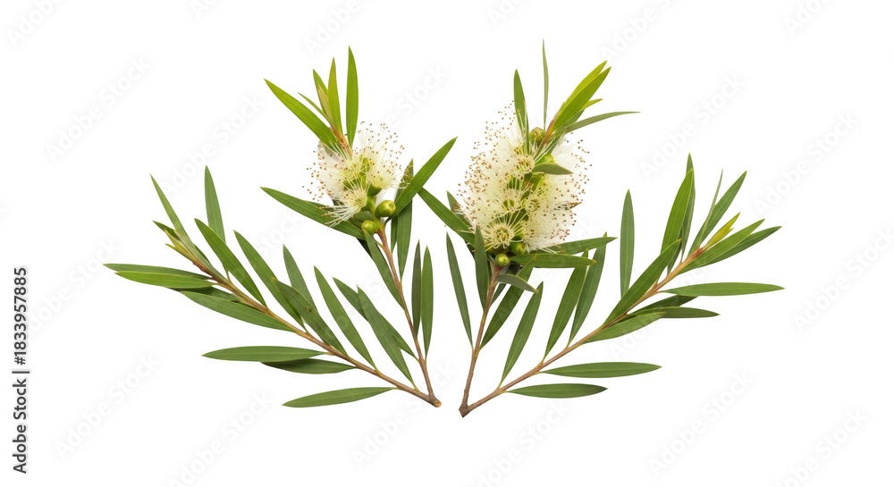 Fototapeta premium Blooming tea tree branches with leaves and flowers isolated on white background detailed photography expressing tea,