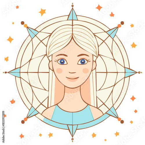 Mystical portrait of a serene blonde woman in a celestial compass rose with stars