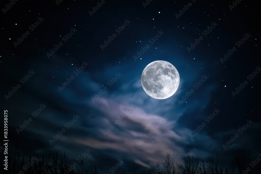 Fototapeta premium Moonlight and Wispy Clouds in a Deep Indigo Night Sky