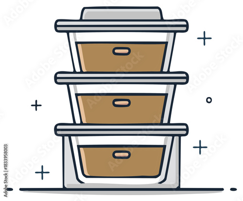 Stacked Rectangular Food Containers with Lids and Food Inside, Plastic Food Storage Boxes