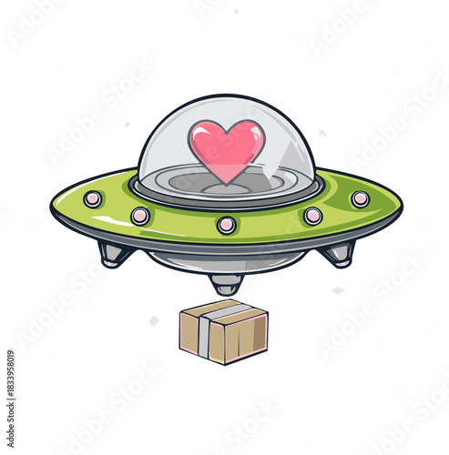 Cartoon green UFO carrying a radiant pink heart delivering a mysterious package box. Whimsical alien delivery.