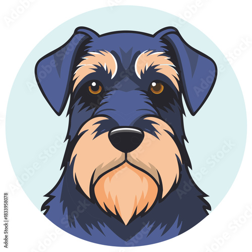 Cute Schnauzer Breed Dog Head Portrait with Blue Fur and Tan Muzzle Illustration on Circle Background