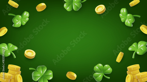 3d Clover and coins dark green background. Lucky St. Patrick's Day and casino design with copy space. Vector illustration.