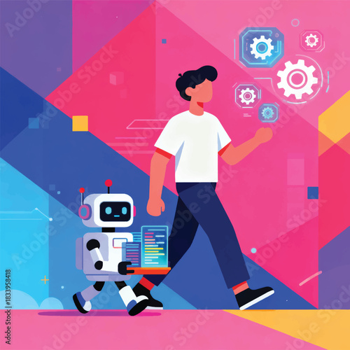 Illustration Of A Character Accompanied By A Small Robot Carrying Data, A Digital Gear Icon Vector Design Template