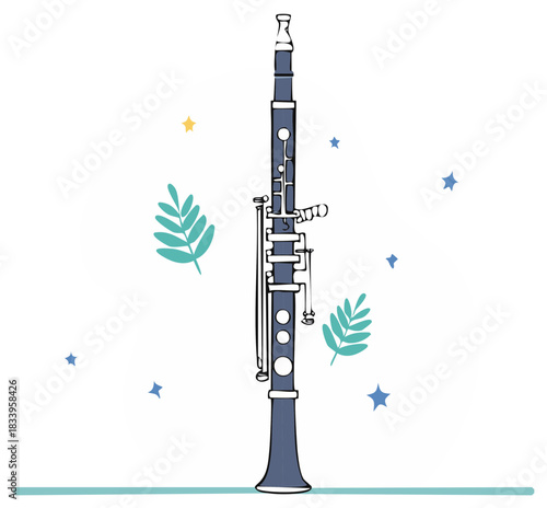 Elegant Clarinet Illustration with Whimsical Stars and Foliage Accents on Clean White Background