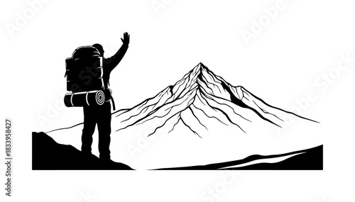 Hiker celebrating mountain summit achievement success