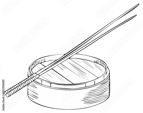 Asian food concept illustration of bamboo steamer and chopsticks