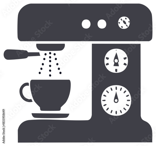 Espresso machine brews coffee into a cup, showing pressure gauges and vintage design elements.