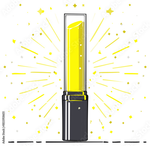 Golden lipstick tube surrounded by bright sparkling confetti and stars illustration