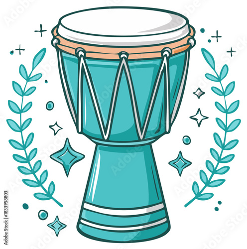 Turquoise djembe drum with branches and stars