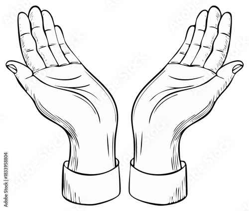 Two open cupped hands in a gesture of prayer hope or offering line art illustration