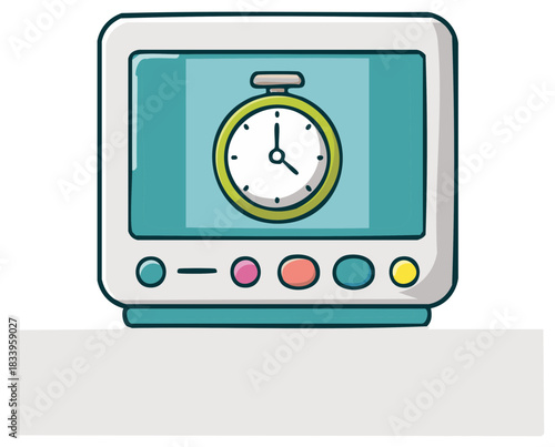 Retro computer screen displaying a cartoon stopwatch and colorful buttons